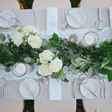 124 Flax 100% Linen with 103 White Hemstitch Napkin & Runner | Birke Weddings