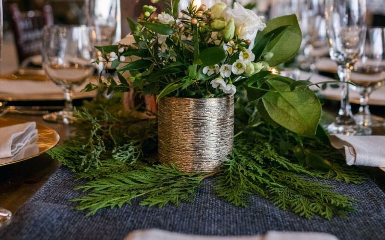 winter centerpiece with slate faux burlap runner at Vermont Wedding