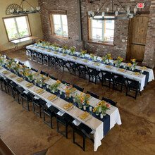 8 White Banquets with 240 Navy Dupioni Table Runner with 177 Mustard Hemstitch Napkin at Lang Barn