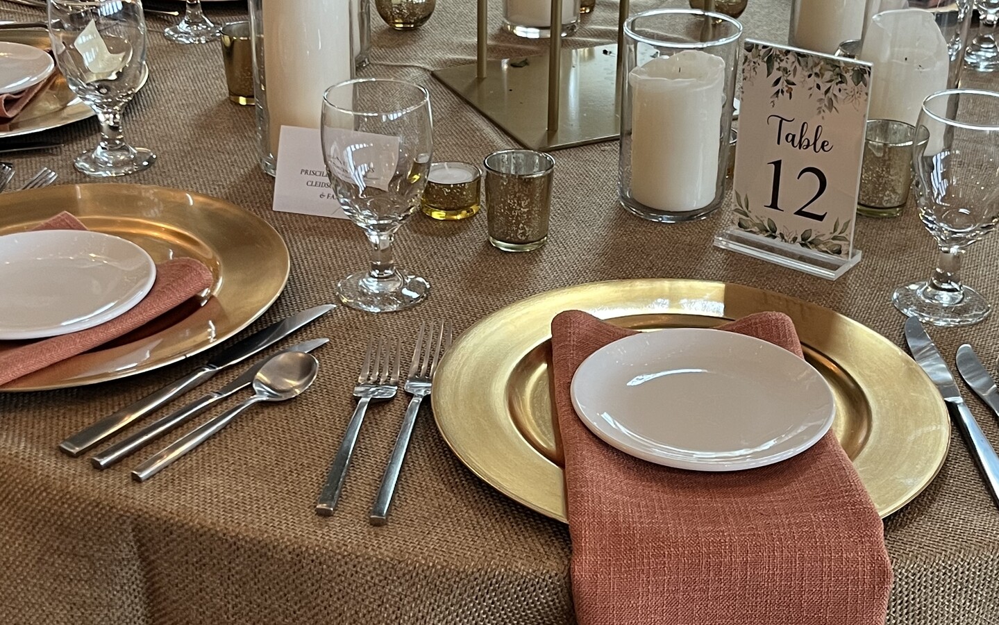 Natural and gold tablescape at wedding